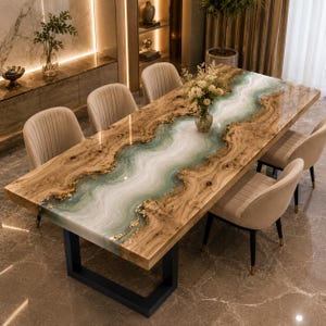 May include: A rectangular dining table featuring a natural wood slab with a central river-like inlay of white and teal resin, accented with gold leaf flakes. The table is supported by a black metal frame and surrounded by six beige upholstered chairs.