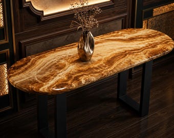 Mesa consola de ónix marrón hecha a mano, mesa consola de entrada de piedra de lujo, mesa de sofá moderna para pasillo, muebles de ónix personalizados [solo tablero de mesa]