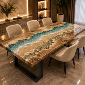 May include: A rectangular dining table featuring a live-edge wood surface with a central resin inlay that mimics a turquoise ocean shoreline with sandy beige accents. The table is supported by a black metal frame and paired with beige chairs.
