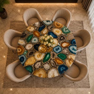 Handmade agate mosaic table styled in an elegant modern dining room
Natural stone dining table with blue green amber and white agate details
Statement round dining table crafted with decorative gemstone inlay