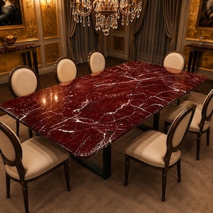 Puede incluir: Una mesa de comedor rectangular con un tablero de mármol rojo intenso pulido con vetas blancas prominentes, apoyada sobre una base de metal negro. La mesa está rodeada por seis sillas con marcos de madera oscura, asientos tapizados en beige y respaldos redondeados.
