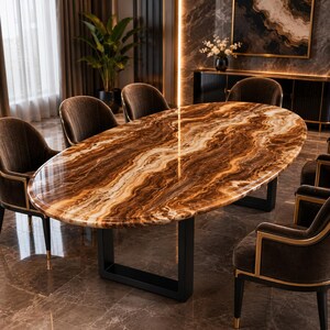 Tablero ovalado de ónix marrón hecho a mano para mesa de comedor – Muebles de lujo de piedra natural pulida