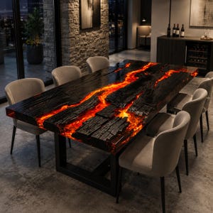 May include: A rectangular dining table featuring a dark, charred wood surface with a central, glowing orange resin inlay that mimics flowing lava. The table is supported by a black metal frame and is surrounded by six light grey upholstered chairs.