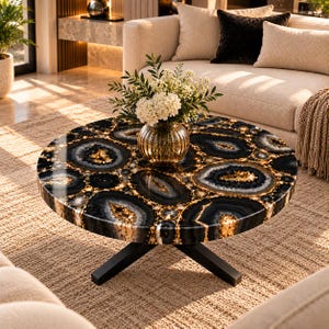May include: A round coffee table featuring a polished surface with a black and gold agate stone pattern, supported by a black metal cross-base. A clear glass vase filled with white hydrangea flowers sits in the center of the table top.