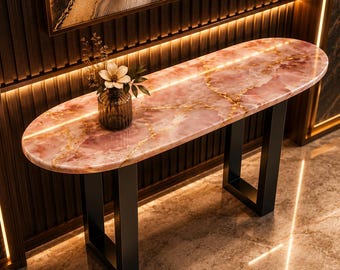 Mesa consola de ónix rosa hecha a mano, mesa de entrada de piedra de lujo, mesa consola moderna para pasillo [solo tablero de mesa]