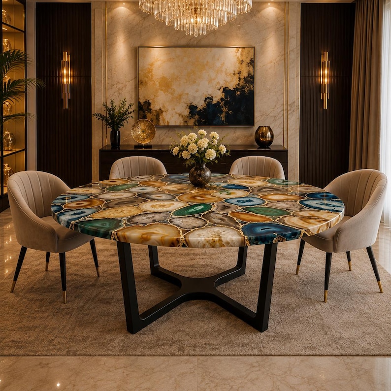 Polished agate tabletop with artistic gold seams and contemporary stand
Designer gemstone furniture centerpiece for luxury dining room interiors