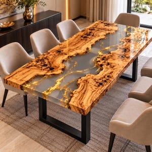 May include: A rectangular dining table featuring a live edge wood slab with a central translucent resin river inlay. The wood displays natural grain patterns and knots, while the resin contains gold-colored metallic flakes. Black metal legs support the top.