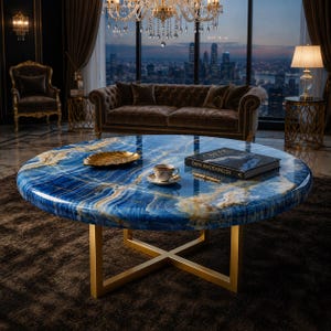 Blue Onyx Coffee Table, Round Gemstone Centerpiece, Luxury Living Room Furnishing, Natural Stone Accent Furniture, Gold Base Decor