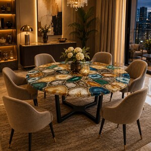 Colorful stone mosaic dining table with glossy handcrafted surface
Modern round agate table featuring unique natural patterns and dark base