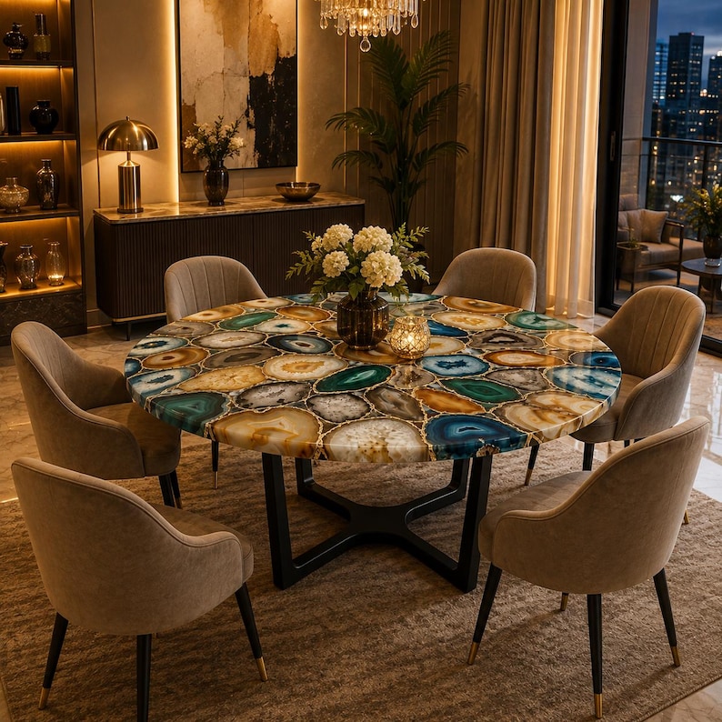 Colorful stone mosaic dining table with glossy handcrafted surface
Modern round agate table featuring unique natural patterns and dark base