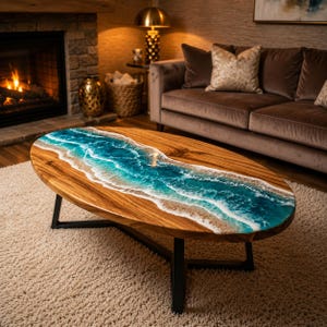 Op de afbeelding: Een ovale salontafel met een natuurlijk houten oppervlak en een centrale inleg van blauwe en witte hars die oceaangolven met zandige kustlijnen nabootst, ondersteund door een zwart metalen frame met schuine poten.