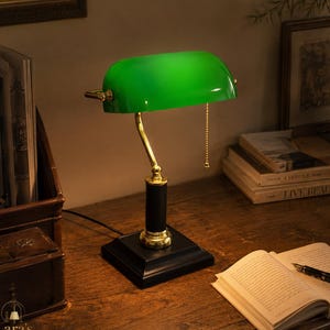 Vintage smaragdgrön Banker-skrivbordslampa med dragkedja – mässingsaccentlampa för hemmakontor