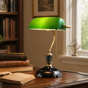 May include: A banker's lamp featuring a vibrant green glass shade, a polished brass curved arm, and a black base. The lamp includes a pull chain switch and a white interior light diffuser. The design is classic with a sleek, reflective finish.