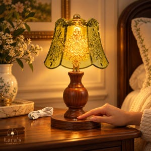 Vintage Green Floral Carved Glass Table Lamp, Touch Dimmable, Rechargeable or USB (3-Colour)
