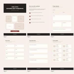 Può includere: Un quaderno di lavoro per moodboard creativo di sei pagine con sfondo beige chiaro e intestazioni marrone scuro. Le pagine presentano sezioni per l'identità del progetto, parole chiave, direzione visiva e tavolozze di colori con campi vuoti.