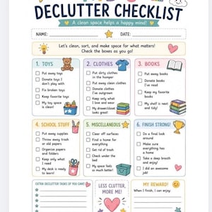 Può includere: Una lista di controllo per il riordino dei bambini con un arcobaleno, stelle e cuori. Il documento include sei sezioni numerate per giocattoli, vestiti, libri, materiale scolastico, varie e compiti finali, con righe vuote per nome e data.