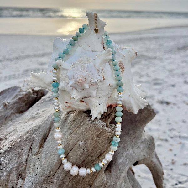 Gemstone Necklace | Freshwater Pearl & Aqua Quartz | Coastal Jewelry | Beach Inspired Gift | Handmade Ocean Necklace