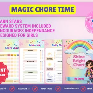 May include: A digital chore chart set titled Magic Chore Time featuring a rainbow, clouds, and a cartoon character. The set includes templates for school days and daily tasks with text labels like Shine Bright Chart and My Chores. The design uses a pastel colour palette with pink, yellow, and blue accents, and includes bulleted lists of features.