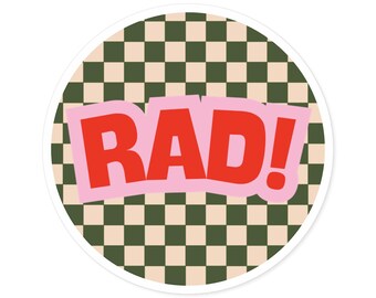 RAD! checkerboard sticker, round vinyl decal | indoor outdoor laptop sticker