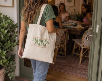 Mahjong Mama Tote Bag | Retro Green Text Cotton Canvas Tote