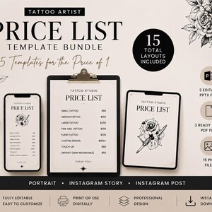 Könnte beinhalten: Ein Vorlagenpaket für Tattoo-Preislisten mit 15 Layouts. Das Design umfasst ein Klemmbrett, ein Smartphone und ein Tablet, die Preislisten mit Rosen- und Totenkopf-Illustrationen sowie den Text Tattoo Artist Price List Template Bundle zeigen.