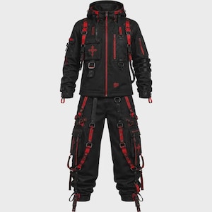 Black Red Gothic Techwear Suit | Cyberpunk Streetwear Jacket Cargo Pants Set