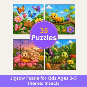 Op de afbeelding: Een set van 35 legpuzzels met kleurrijke illustraties van insecten, waaronder vlinders en rupsen in tuinomgevingen met bloemen en groenten. De centrale paarse cirkelvormige afbeelding bevat de tekst 35 Puzzles.