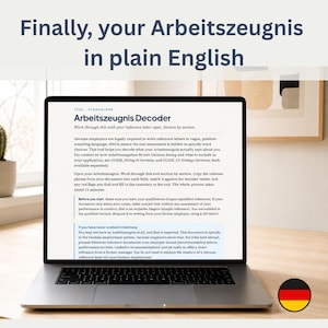 Könnte beinhalten: Ein Laptop-Bildschirm zeigt das Arbeitszeugnis Decoder Tool, das Anleitungen zur Interpretation deutscher Arbeitszeugnisse bietet. Der Text enthält Anweisungen zur Entschlüsselung spezifischer Formulierungen und zur Bewertung von Leistungsbeurteilungen.