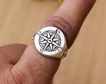 Nautical Star Ring, Sterling Silver, Compass Ring, Signet Ring, Wanderlust Ring, Sailor Jewelry, North Star Ring, Handmade Jewelry**