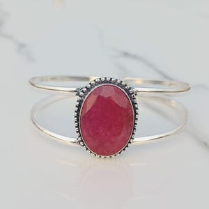 Sterling Silver Ruby Gemstone Bangle, Oval Faceted Cuff Bracelet, July Birthstone Jewelry