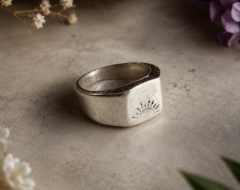 Handgemaakte sterlingzilveren zegelring zonsopgang - Uniseks boho-sieraden