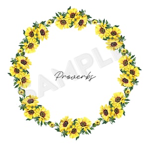 Pode incluir: Uma coroa de flores amarelas com centros vermelhos, dispostas em c&iacute;rculo em torno da palavra "Prov&eacute;rbios".