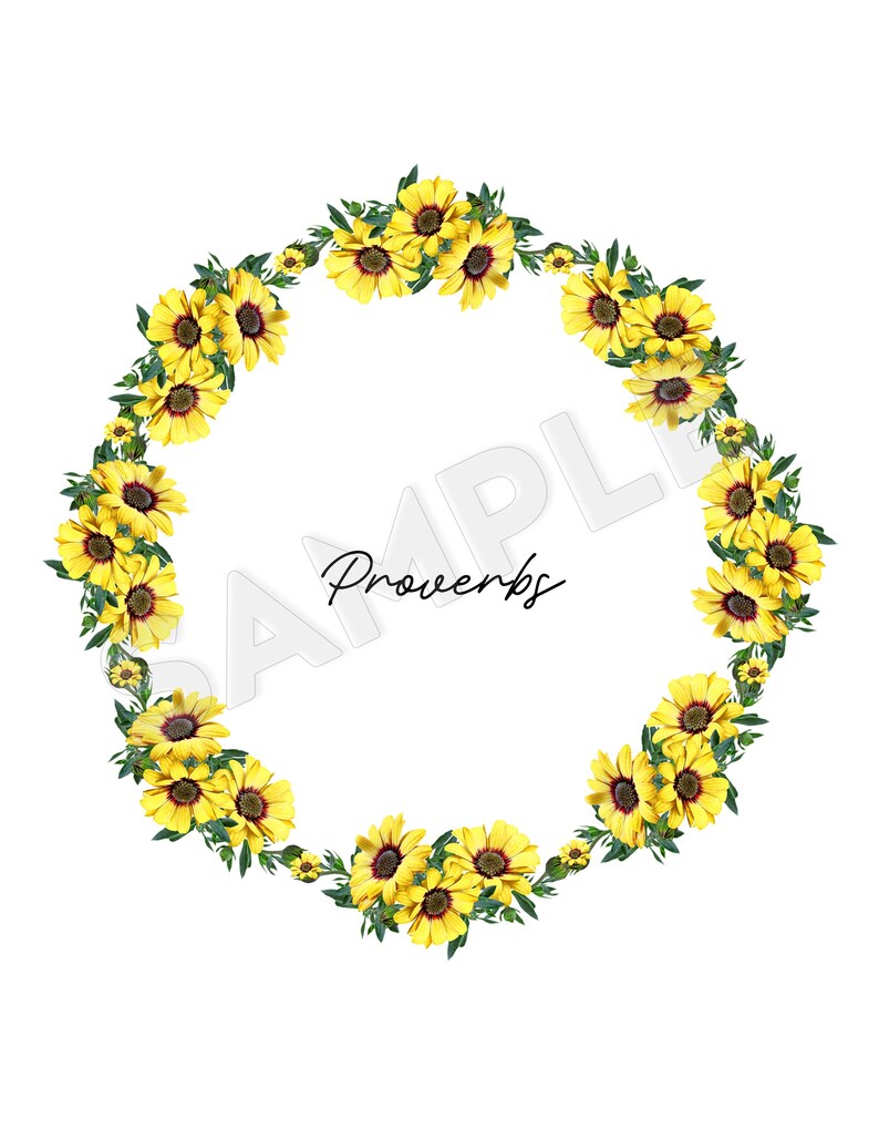 Pode incluir: Uma coroa de flores amarelas com centros vermelhos, dispostas em c&iacute;rculo em torno da palavra "Prov&eacute;rbios".