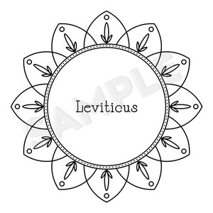 Peut inclure: Un motif de mandala noir et blanc avec un cercle au centre. Le mot "Lévitique" est écrit au centre du cercle.