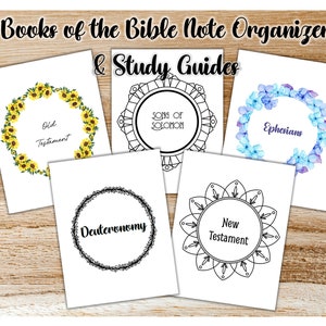 Pode incluir: Cinco p&aacute;ginas imprim&iacute;veis de organizador de notas de estudo b&iacute;blico com diferentes designs florais e geom&eacute;tricos. As p&aacute;ginas incluem t&iacute;tulos para o Antigo Testamento, Deuteron&ocirc;mio, C&acirc;ntico dos C&acirc;nticos, Ef&eacute;sios e Novo Testamento.