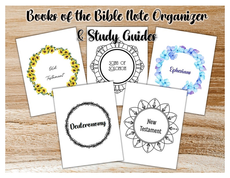 Pode incluir: Cinco p&aacute;ginas imprim&iacute;veis de organizador de notas de estudo b&iacute;blico com diferentes designs florais e geom&eacute;tricos. As p&aacute;ginas incluem t&iacute;tulos para o Antigo Testamento, Deuteron&ocirc;mio, C&acirc;ntico dos C&acirc;nticos, Ef&eacute;sios e Novo Testamento.