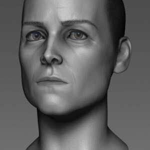 Peut inclure: Une sculpture numérique en trois dimensions représentant une tête humaine avec une coupe de cheveux très courte. Le modèle présente une expression faciale neutre, des pommettes marquées, un nez droit et une texture de peau détaillée en gris.