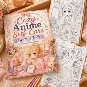 Book Coloring Pages for Adults, Cozy Self Care Coloring Book PDF, Kawaii Printable Coloring Pages, Digital Download