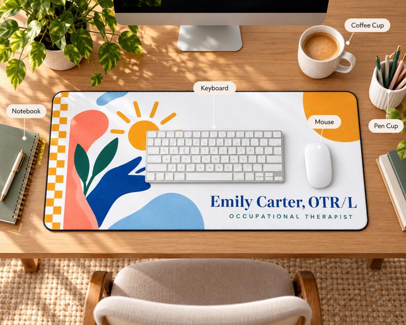 Op de afbeelding: Een rechthoekige bureaumat met een witte achtergrond en een kleurrijk abstract ontwerp van een gele zon, groene bladeren en blauwe vormen. De tekst Emily Carter, OTR/L OCCUPATIONAL THERAPIST staat in blauw en groenblauw in de rechterbenedenhoek.
