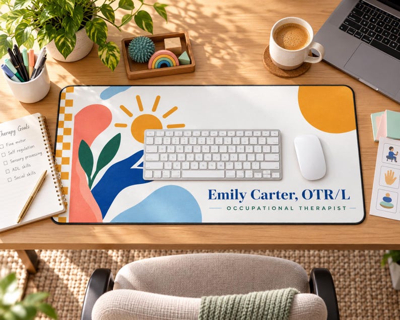 Op de afbeelding: Een rechthoekige bureaumat met een witte achtergrond, een gele zon, abstracte blauwe en koraalkleurige vormen en een geblokte rand. De tekst luidt Emily Carter, OTR/L OCCUPATIONAL THERAPIST. Een zilverkleurig toetsenbord en witte muis liggen op de mat.