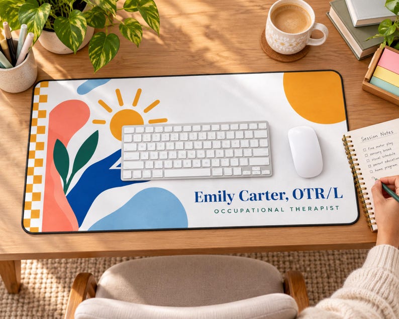 Op de afbeelding: Een rechthoekige bureaumat met een witte achtergrond, een gele zon, een blauwe hand, groene bladeren en oranje vormen. De linkerrand heeft een geel-wit schaakbordpatroon. De tekst luidt Emily Carter, OTR/L OCCUPATIONAL THERAPIST.
