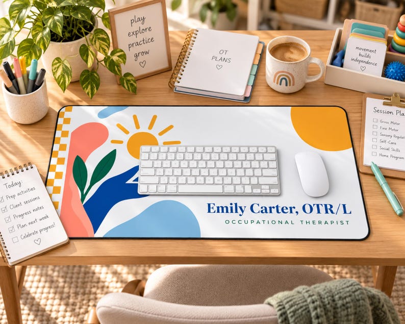 Op de afbeelding: Een rechthoekige bureaumat met een witte achtergrond, abstracte vormen in oranje, roze, blauw en groen, een gele zon en de tekst Emily Carter, OTR/L OCCUPATIONAL THERAPIST in donkerblauw en zwart aan de rechteronderkant.