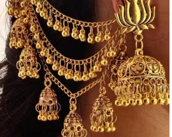 Pendientes Jhumka en tono dorado oxidado con cadena Bahubali, conjunto Ghungroo Jhumki multicapa