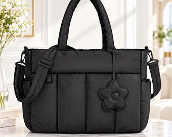 Quilted Puffer Tote Bag, Large Laptop Carryall, Travel Shoulder Work Bag