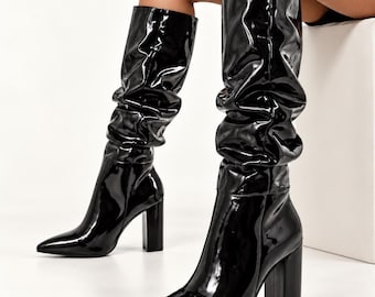 Black Patent Leather Knee High Slouch Boots: Pointed Toe Chunky Heel Fashion Boots