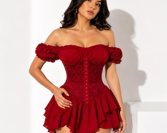 Gothic Corset Mini Dress: Victorian Off Shoulder Ruffle Dress