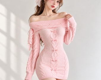 Pink Off Shoulder Cable Knit Sweater Dress | Coquette Mini Dress | Romantic Feminine Knitwear