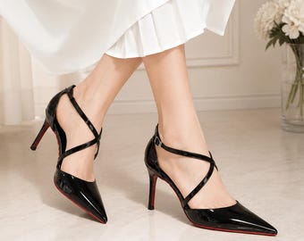 Patent Leather Pointed Toe Pumps: Ankle Strap Stiletto Heels with Red Sole