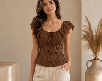 Embroidered Ruffle Blouse: Summer Flutter Sleeve Eyelet Boho Chic Top