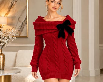 Off Shoulder Cable Knit Sweater Dress • Long Sleeve Bodycon Mini Winter Dress